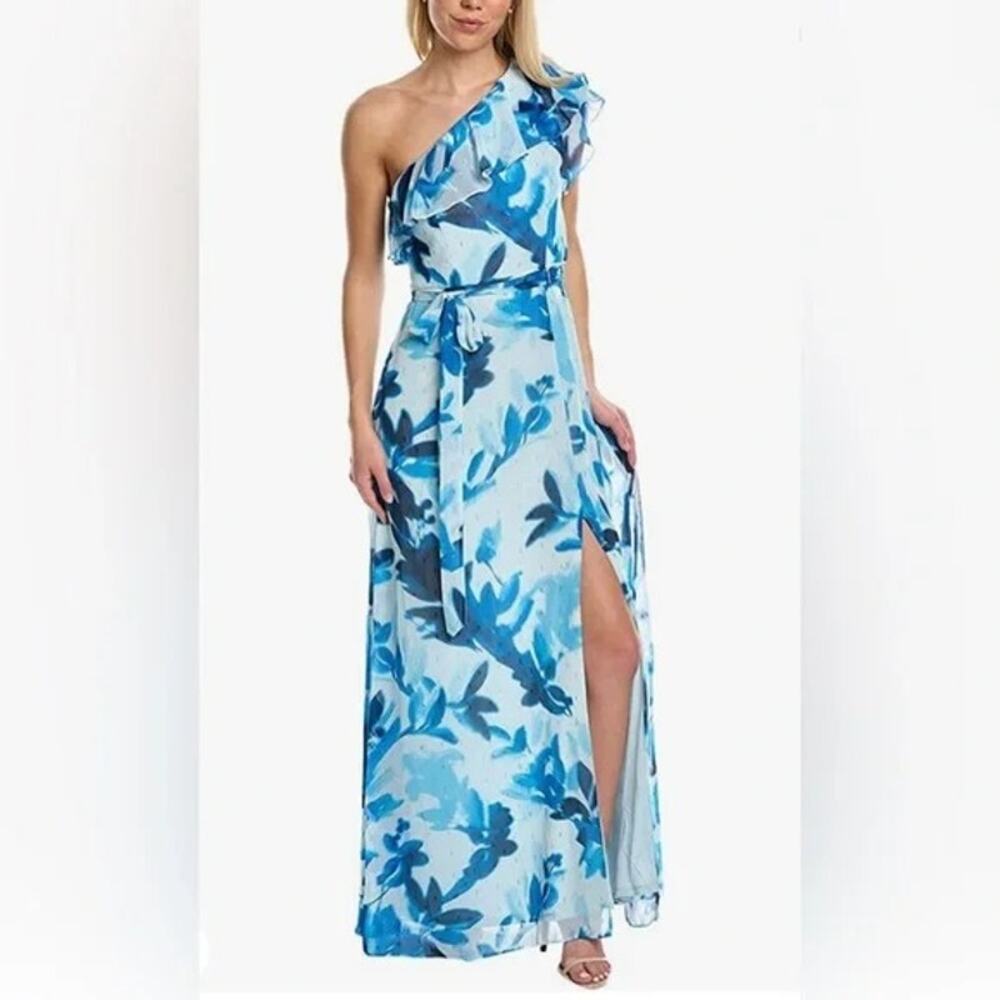 NWT Adrianna Papell Chiffon Metallic Clip Dot One Shoulder Ruffle Dress Size 2